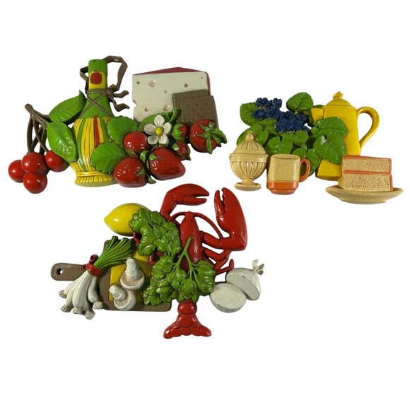 Vintage 70s Dart Industries Kitchen Wall Hangings 3D Mushrooms Lobster Onions - Picture 1 of 16